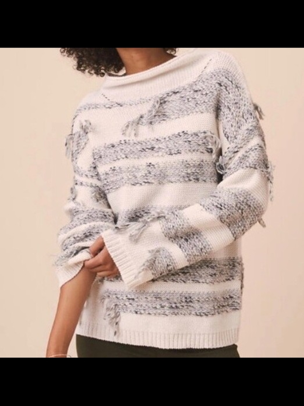 Lou & Grey White and Light Gray Striped Distresed Knit Sweater Misses Size Med